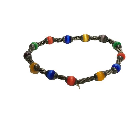 ๐ VTG Cats Eye Stretch Bracelet | Multicolor Fiber Optic Beads Silver Tone - Picture 2 of 12